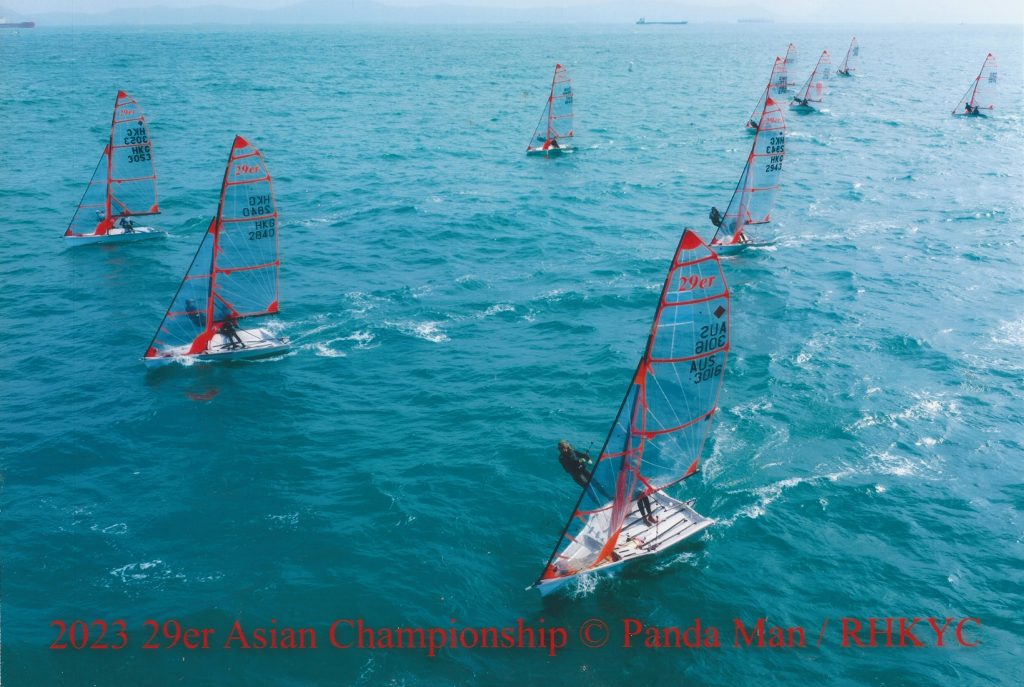 Aerial image of 29ers sailing in Hong Kong Race Week 2023