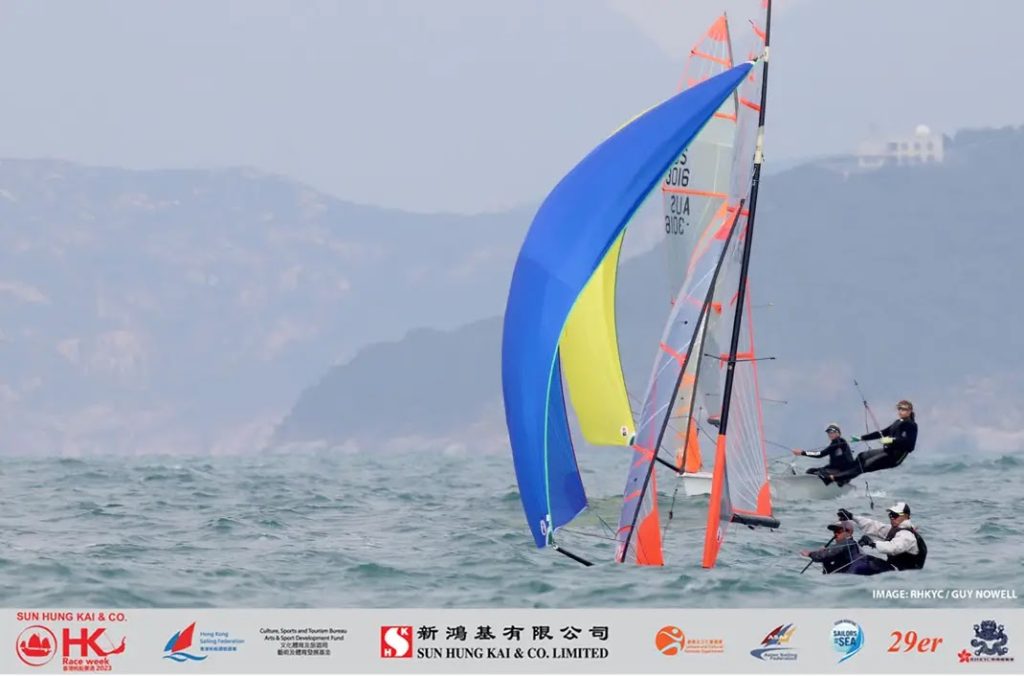 RPAYC Sailors Attwood and Sampson competing in a 29er at Hong Kong Race Week 2023